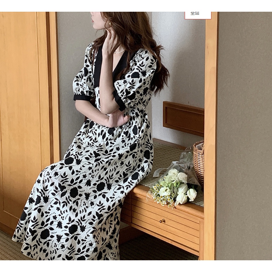 Suxi ชุดเดรสยาว คอวี แขนพอง ลายดอกไม้ สไตล์วินเทจ แฟชั่นฤดูร้อน สําหรับผู้หญิง - รูปที่ 4