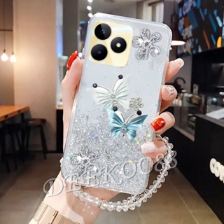 เคสโทรศัพท์มือถือ ลายผีเสื้อบิน แต่งกลิตเตอร์ พร้อมสายคล้องมือ สําหรับ Realme C53 C55 NFC 10T 10 Pro+ Pro 5G Plus Realme C53