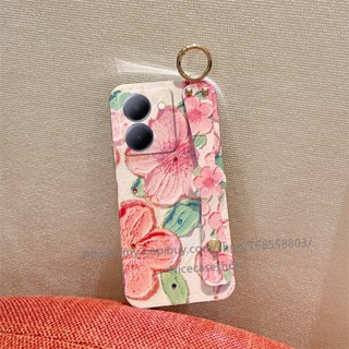 เคสโทรศัพท์มือถือแบบนิ่ม แต่งพลอยเทียม แสงสีฟ้า ลายดอกไม้ พร้อมสายคล้องข้อมือ และที่ตั้งวาง สําหรับ VIVO Y36 4G 5G Y02T Y02A