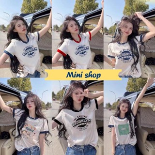 Mini shop🌸พร้อมส่ง🌸 (96151-1) เสื้อยืดไหมพรม คอกลมแขนสั้น  ดีเทลลายตัวอักษร 3สี -C