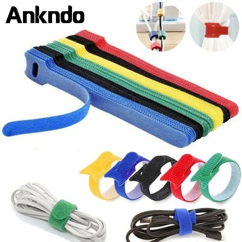 Ankndo ชุด10ชิ้น สายรัดเวลโคร แบบมีกาวในตัว / ตัวจัดระเบียบสายเคเบิล / แถบเทป / การจัดการสายเคเบิล แบบตั้งโต๊ะ สําหรับสํานักงาน