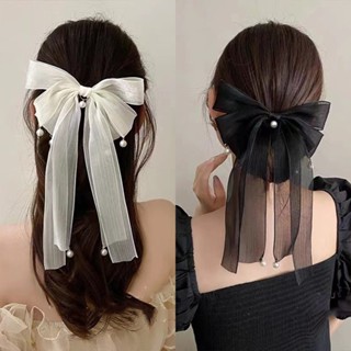 กิ๊บติดผม ริบบิ้นโบว์ จี้ไข่มุก สีดํา สีขาว เครื่องประดับผม สไตล์เกาหลี