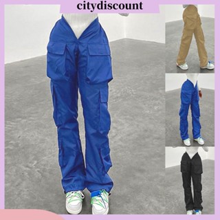 &lt;citydiscount&gt; กางเกงคาร์โก้ ขากว้าง เอวยางยืด ทรงตรง เอวสูง มีหลายกระเป๋า แนวสตรีท สําหรับผู้หญิง