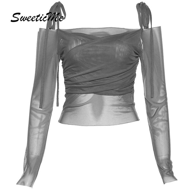 SweeticMe แฟชั่นใหม่ของผู้หญิงสีทึบสลิมฟิตปิดไหล่แขนยาวเสื้อยืดสาเหตุ