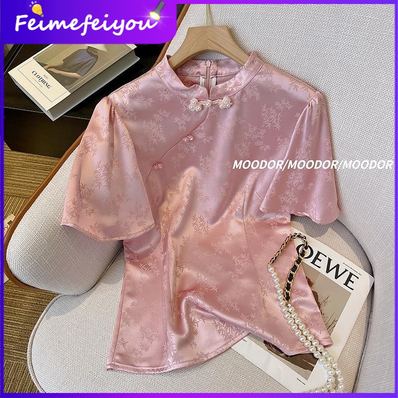 เสื้อเชิ้ต คอปกตั้ง แต่งกระดุม สไตล์จีน และจีน คลาสสิก สีชมพู แฟชั่นฤดูร้อน สําหรับผู้หญิง