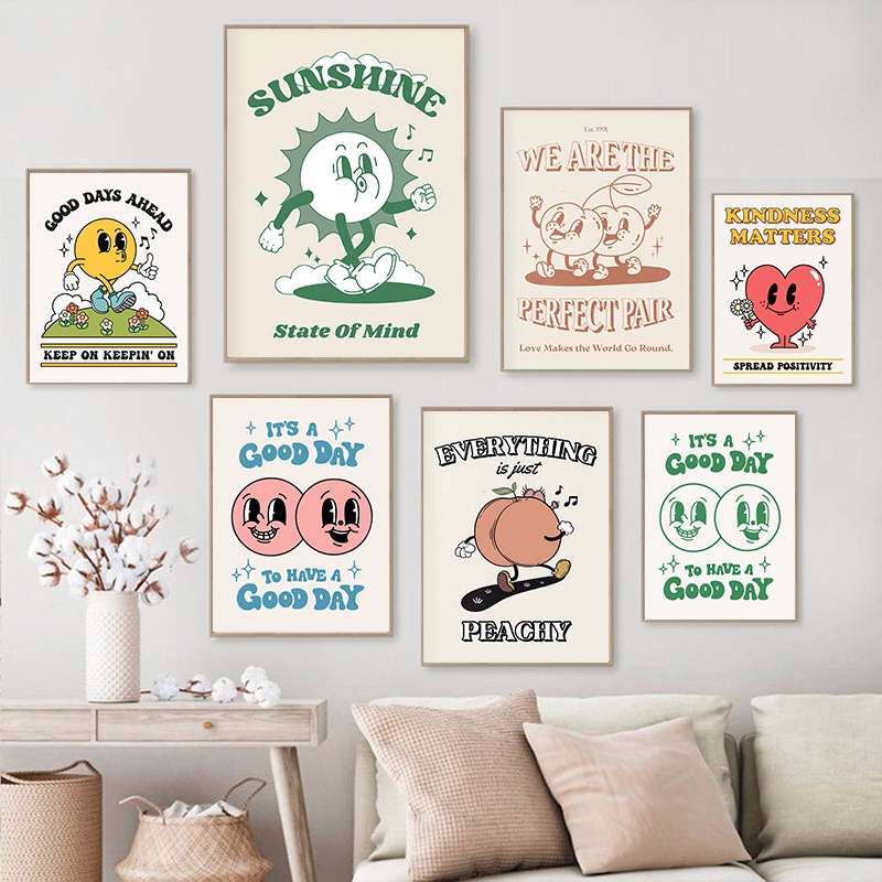 Retro Sun โปสเตอร์กาแฟผลไม้ Sunshine ภาพวาดผ้าใบการ์ตูนบวกอ้างห้องความงาม Wall Art ภาพสําหรับตกแต่งบ้าน