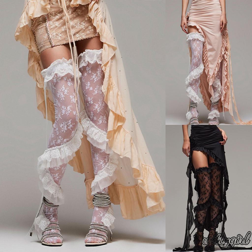 Wirtty-ฤดูร้อนลูกไม้ต้นขาสูงถุงเท้า Sheer Ruffle ดอกไม้ถุงน่องถุงเท้าสําหรับผู้หญิง Lady Girls