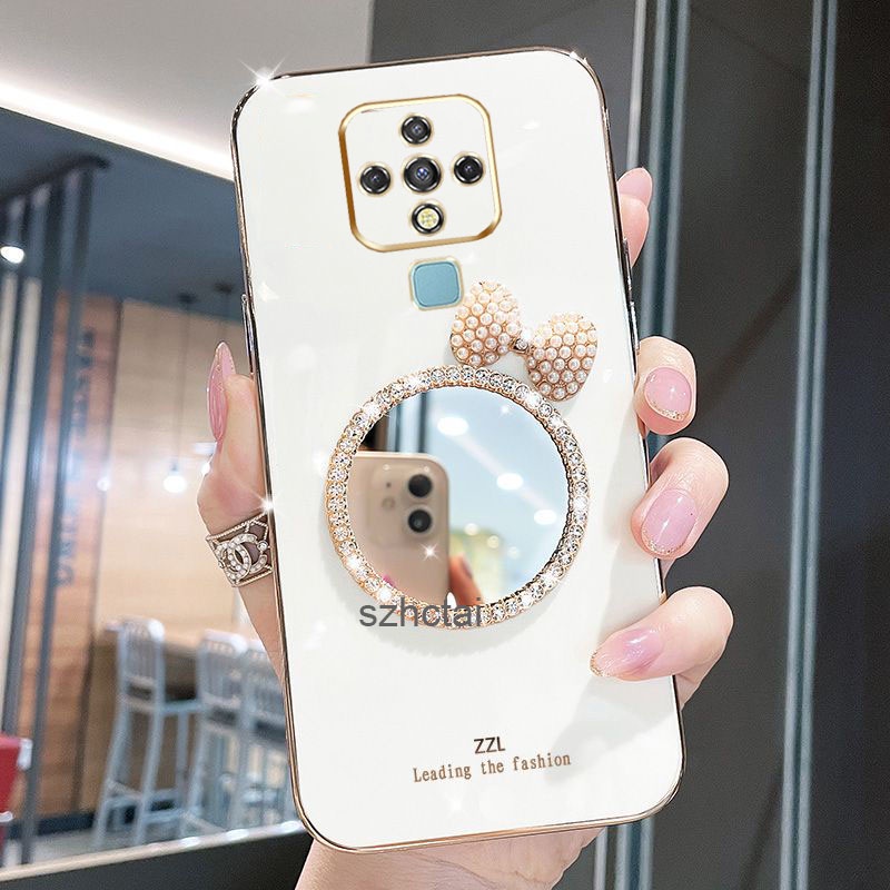 เคส Infinix Tecno Camon 16 Pro CE7 CE7j CE9h หรูหรา มุก โบว์ กระจกแต่งหน้า ชุบ ซิลิโคน เคสโทรศัพท์ น