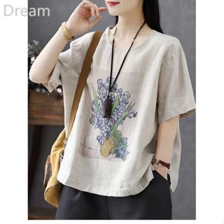 Summer new versatile loose round neck linen printed T-shirt womens casual artistic cotton linen short sleeve slimming top