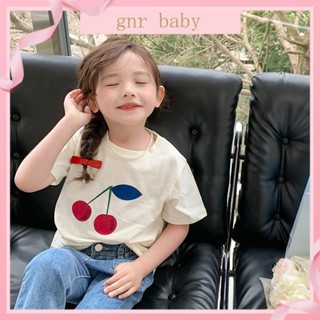 🍇GNR BABY🍓เสื้อยืดคอกลม แขนสั้น ลายเชอร์รี่ ขนาดใหญ่ สไตล์เกาหลี สําหรับเด็กผู้หญิง อายุ 3-12 ปี