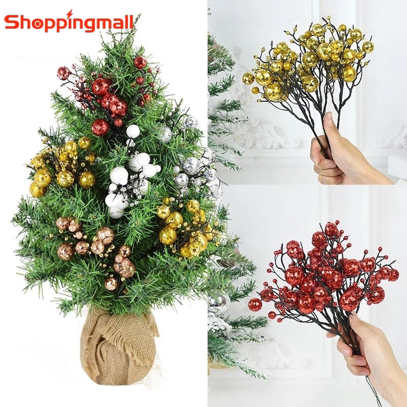 ของตกแต่งคริสต์มาส กิ่งเบอรี่ปลอม ประดับเลื่อม กลิตเตอร์ สีทอง สําหรับตกแต่งบ้าน ปาร์ตี้คริสต์มาส
