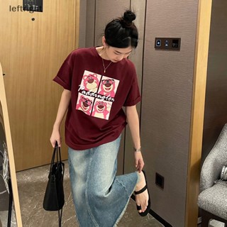 เสื้อยืดคอกลม แขนสั้น พิมพ์ลายการ์ตูนหมี ทรงหลวม ลําลอง สําหรับผู้หญิง