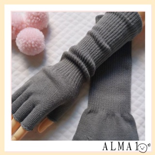 Alma ถุงมือครึ่งนิ้ว ผ้าถัก สีดําล้วน ให้ความอบอุ่น แฟชั่นฤดูใบไม้ร่วง ฤดูหนาว