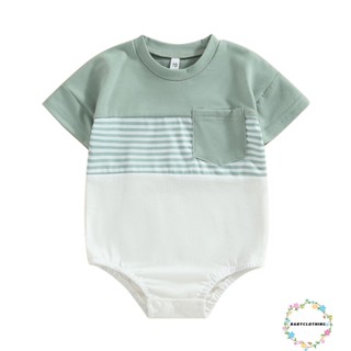 Babyclothes- ชุดจั๊มสูทรอมเปอร์ แขนสั้น คอกลม ลายทาง มีกระเป๋า สีตัดกัน แฟชั่นฤดูร้อน สําหรับเด็กทารกผู้ชาย และเด็กผู้หญิง