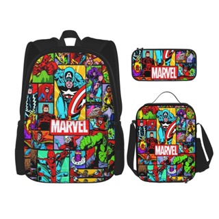 3 in 1 กระเป๋าเป้สะพายหลัง กระเป๋าหนังสือ พิมพ์ลาย Marvels พร้อมกระเป๋าใส่กล่องอาหารกลางวัน กระเป๋าดินสอ เดินทาง