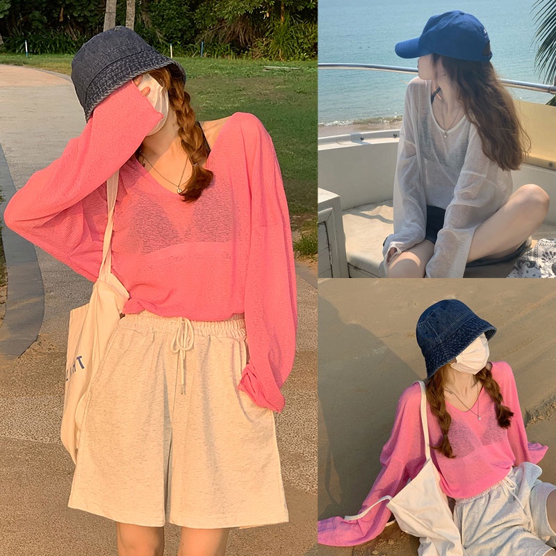 Grace_chili เสื้อยืดแขนยาว คอวี แบบบาง ทรงหลวม ป้องกันแดด W247