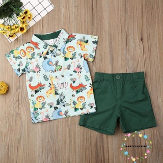 Babyclothes- ชุดเสื้อยืดแขนสั้น คอปก พิมพ์ลายการ์ตูนสัตว์น่ารัก กางเกงขาสั้น สีพื้น สําหรับเด็กผู้ชาย