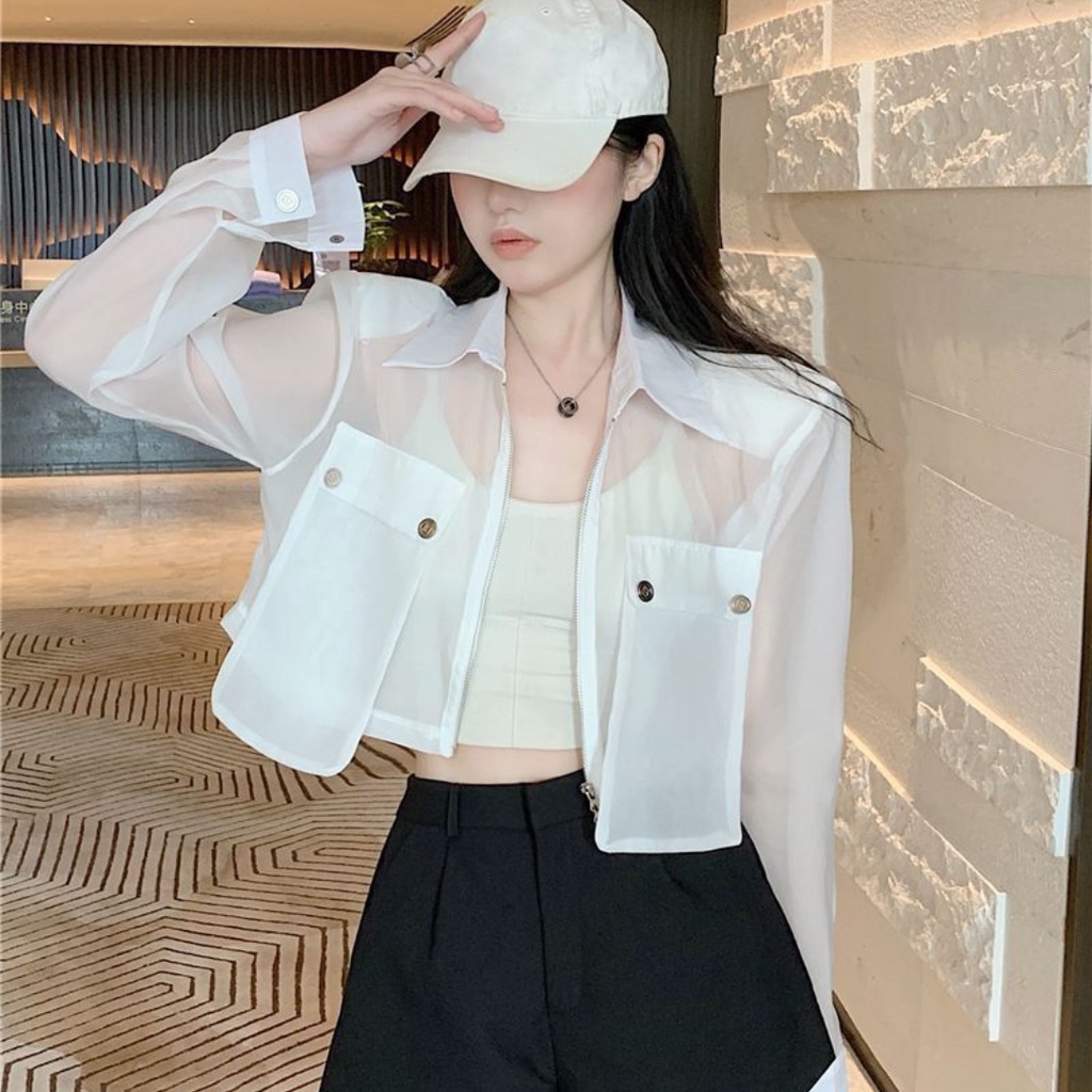 เสื้อแจ็กเก็ต เสื้อครอป ผ้าชีฟอง แบบบาง ป้องกันแดด สองสี แฟชั่นฤดูร้อน สําหรับผู้หญิง