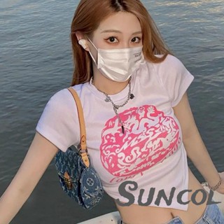 Suncol- เสื้อครอปท็อป คอกลม แขนสั้น พิมพ์ลายกราฟฟิค สไตล์วินเทจ สําหรับผู้หญิง