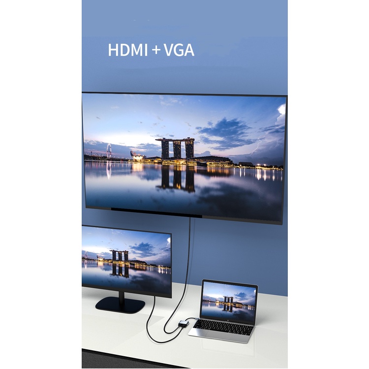 Thunderbolt 3 4 ความเร็วสูง 4 พอร์ต USB C ถึง HDMI 4K VGA USB3.0 PD ฮับชาร์จ Type C แท่นชาร์จ USB C Hub สําหรับแล็ปท็อป โทรศัพท์มือถือ แท็บเล็ต สวิตช์ USB C แท่นวาง