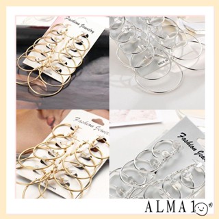 Alma ชุดเครื่องประดับ ต่างหูห่วง สีเงิน สไตล์พังก์ ปาร์ตี้ 6 คู่ ต่อชุด