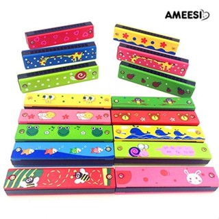 Ameesi เครื่องดนตรีฮาร์โมนิก้าไม้ แถวคู่ 16 หลุม ของเล่นเสริมการเรียนรู้เด็ก