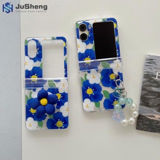 Jusheng เคสโทรศัพท์มือถือ แบบฝาพับ ลายดอกไม้ สีฟ้า พร้อมสายโซ่คล้อง สามชิ้น แฟชั่น สําหรับ OPPO Find N2