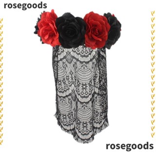 Rosegoods1 ที่คาดผมฮาโลวีน, ผ้าโพลีเอสเตอร์ โลหะผสม ดอกไม้ ที่คาดผม, ผ้าคลุมหน้าลูกไม้สีดํา เซ็กซี่ ดอกกุหลาบสีแดง ผ้าโพกศีรษะ เด็กผู้หญิง