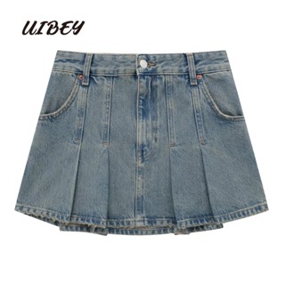 Uibey กระโปรงพลีท คาวบอย ยาวครึ่ง แฟชั่น 8907
