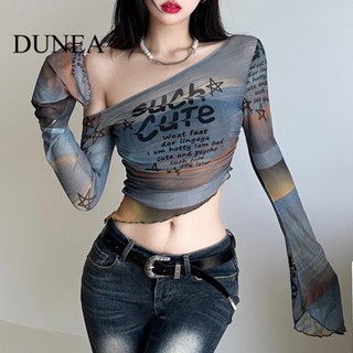 Dunea เสื้อยืด แขนยาว เปิดไหล่ พิมพ์ลายตัวอักษร หลากสี เซ็กซี่ สําหรับผู้หญิง