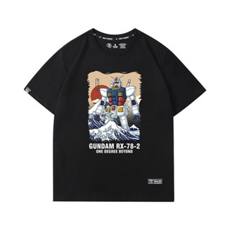 ผ้าฝ้ายฤดูร้อน 2023 Gundam โมบิลสูทกันดั้ม และ Kanagawa Surf เสื้อยืดแขนสั้นผู้ชาย Anime เสื้อผ้าฝ้ายอะนิเมะ