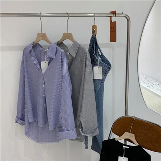 💖Dahong 💖เสื้อแฟชั่น เสื้อเชิ้ตสีน้ําเงิน ลายทาง สำหรับผู้หญิง ทรงหลวม แฟชั่นฤดูใบไม้ผลิ และฤดูใบไม้ร่วง