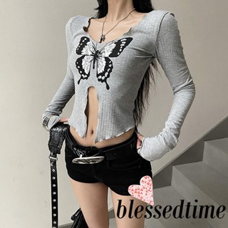 Blessedtime- เสื้อครอปท็อปแขนยาว คอวี พิมพ์ลายผีเสื้อ โชว์สะดือ สําหรับผู้หญิง