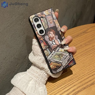 Jusheng เคสโทรศัพท์มือถือ PC ผิวด้าน ลายภาพวาดสีน้ํามัน สไตล์เรโทร สีดําด้าน สําหรับ Samsung Z Fold5