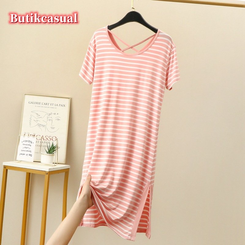 ผู้หญิง Modal Cotton striped dress หลวมธรรมดาชุด Loungewear V คอ 2025 ฤดูร้อน midi ชุด ราคา ถูกที่สุด ดีลบีเคเค แกลเลอรีภาพที่ 5