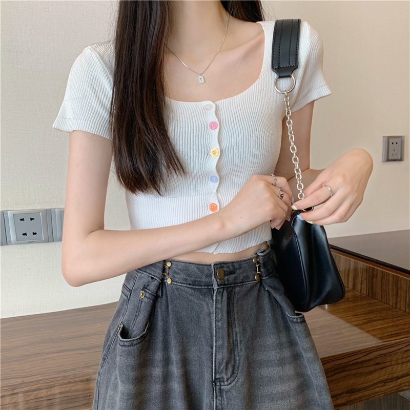 Littlebee 9323-1# เสื้อยืดคอกลม เสื้อครอป แขนสั้น ผ้าไหมพรม กระดุมหน้าแกะได้จริง