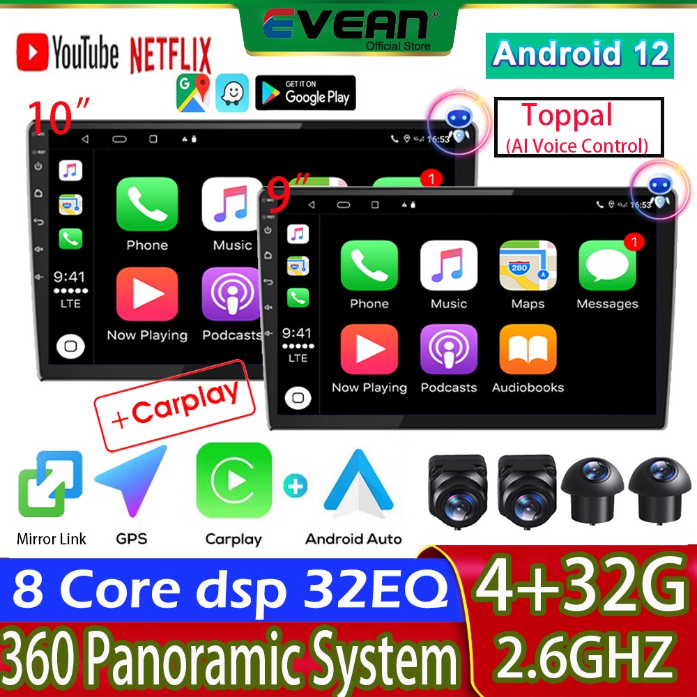 Evean กล้อง 360 [8 คอร์ เครื่องเล่น Carplay 4G+32G] พร้อม Toppal AI สมาร์ท ควบคุมด้วยเสียง เครื่องเล่น Android 9 นิ้ว 10 นิ้ว Double Din Waze GPS WIFI บลูทูธ วิทยุ IPS หน้าจอสัมผัส MP5 สําหรับรถยนต์