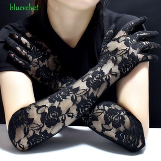 Bluevelvet ถุงมือลูกไม้กลวง สไตล์พังก์ บาง กันแดด ขับรถ ถุงมือโกธิค ข้อศอก การแสดงบนเวที ถุงมือดอกไม้