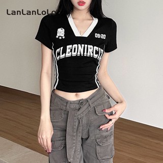 Lanlanlolo เสื้อยืดลําลอง แขนสั้น คอวี ทรงสลิมฟิต พิมพ์ลาย สําหรับสตรี 2023