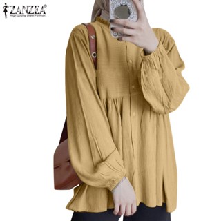 Zanzea ผู้หญิง มุสลิม ทุกวัน พื้นผิว แขนยาว โคมไฟ คอ จีบ เสื้อด้านบน