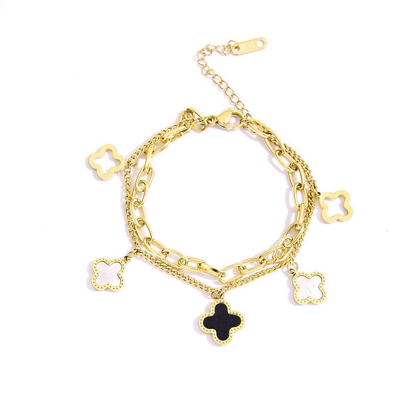 Lucky Four-Leaf Clover ไทเทเนียมเหล็กสร้อยข้อมือผู้หญิงสองชั้นภาษาฝรั่งเศสคําคลาสสิกโรแมนติกเครื่องประดับมือ