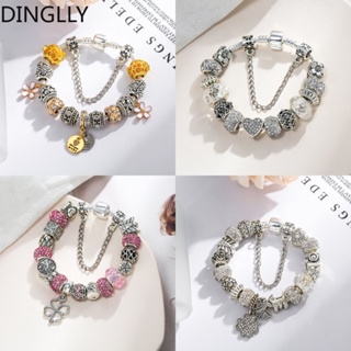 Dinglly สีเงิน ลูกปัด สี่ใบโคลเวอร์ สร้อยข้อมือ เสน่ห์ สําหรับผู้หญิง DIY ดอกไม้และหัวใจ สร้อยข้อมือลูกปัด