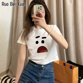 RUO BEI XUAN เสื้อยืดสตรีสไตล์เกาหลีคอกลมพิมพ์สั้นฤดูร้อนสบาย ๆ สบาย ๆ เสื้อยืดแขนสั้น