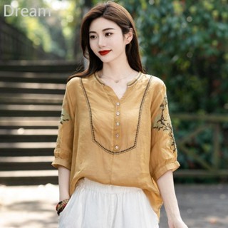 Cotton and linen retro artistic retro embroidery small V-neck embroidered sleeves blouse pullover top