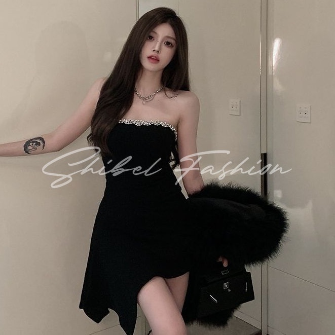 ใหม่สาวฮอตกลางความยาวหนึ่งไหล่ที่ไม่ซ้ำกันหลอดด้านบนกระเป๋าสะโพกกลวงออกแบบสีดำเซ็กซี่ชุดหญิง