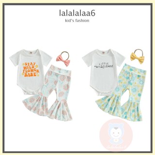 Laa6-0-24 MONTHS ชุดรอมเปอร์ แขนสั้น พิมพ์ลายตัวอักษร และกางเกง แต่งกระดิ่ง และที่คาดผม สําหรับเด็กทารกผู้หญิง