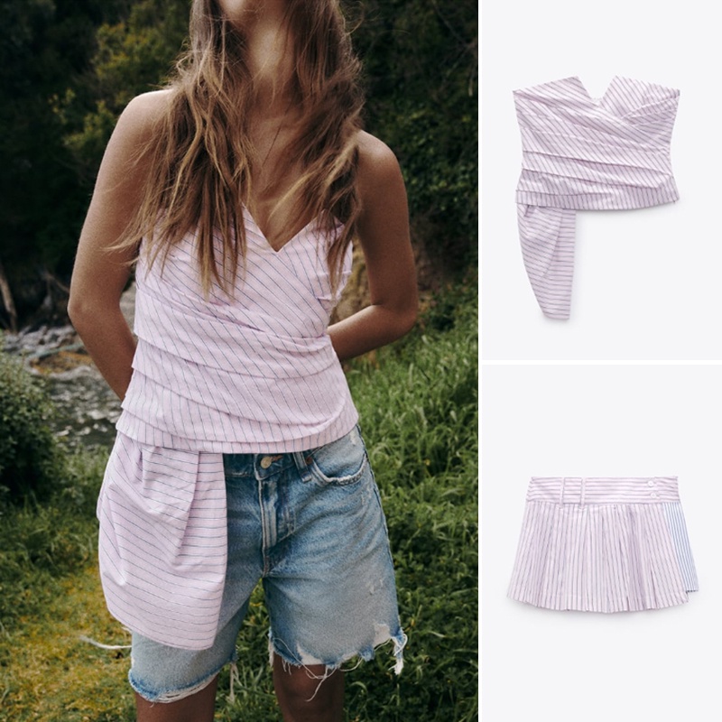 Zara 23 ฤดูใบไม้ผลิฤดูร้อนสไตล์ใหม่ลายหลอดด้านบน + ลายเย็บปะติดปะต่อกัน กางเกงชั้นใน ชุด3302276 3141276