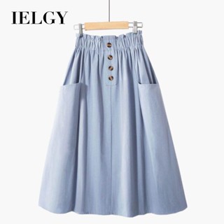 IELGY ฤดูร้อนใหม่ สไตล์วิทยาลัย สีพื้น เอวสูง กระเป๋าคู่ กระดุม สไตล์วรรณกรรม กระโปรงทรงเอ กระโปรงผู้หญิง Mori