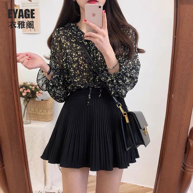เสื้อเชิ้ตแขนยาว ผ้าชีฟอง แต่งระบาย ลายดอกไม้ ขนาดเล็ก สไตล์เกาหลี สําหรับผู้หญิง สี่ขนาด MC VRTH