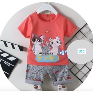 SNNG-011 ชุดเด็กผู้หญิงแขนสั้น ขาสั้น สีชมพูเข้มลายแมว Size-160 (9-10Y)